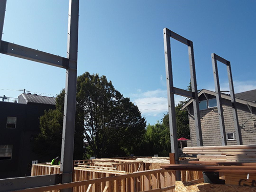 A picture of metal moment frames at a worksite